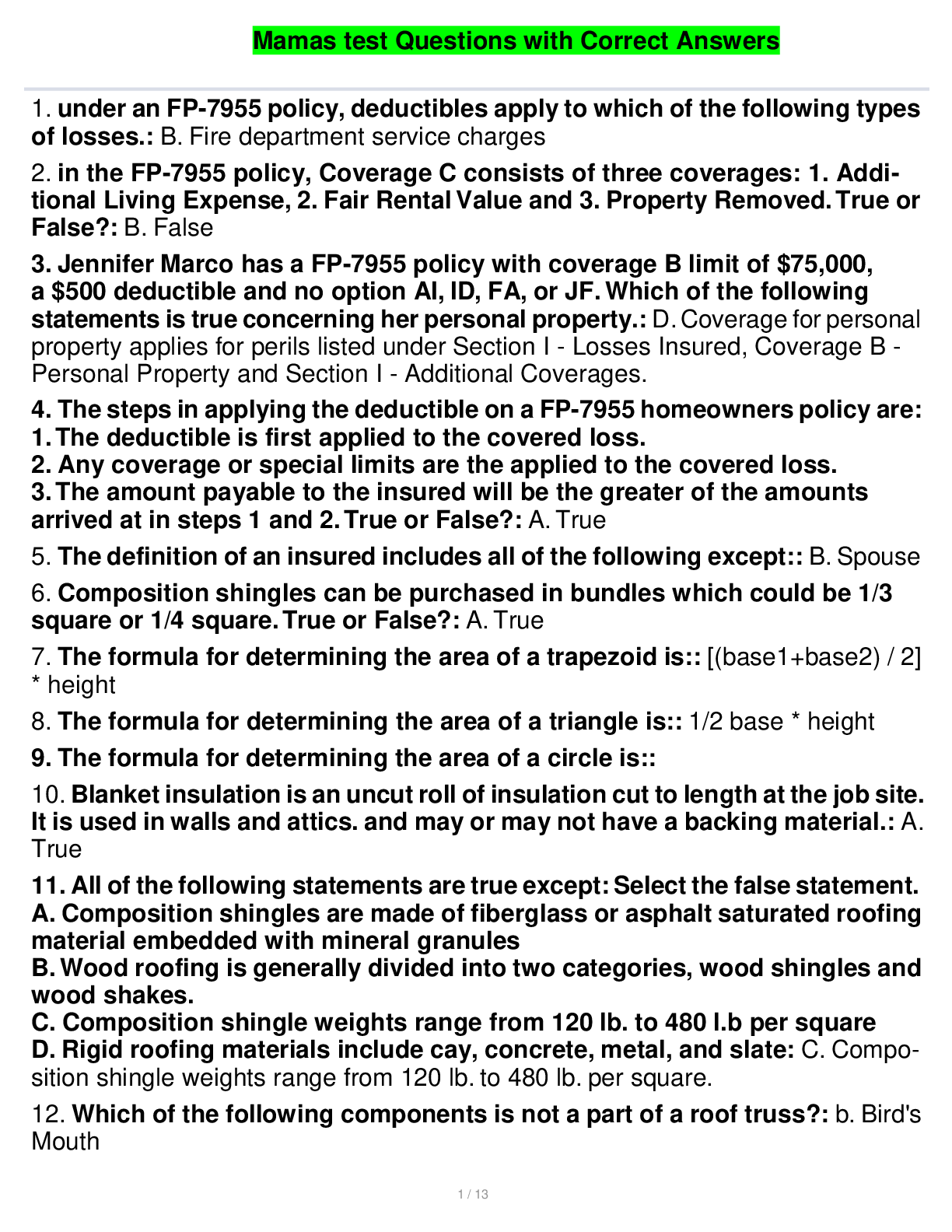 Preview image of Mamas test Questions with Correct Answers document